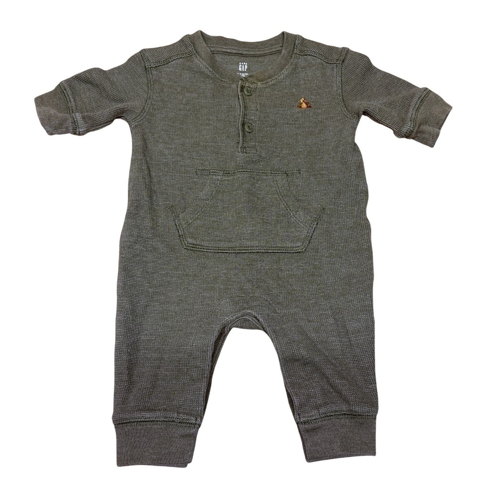 Baby Gap Boys Waffle Henley Romper 0-3M Army Green Preppy Casual